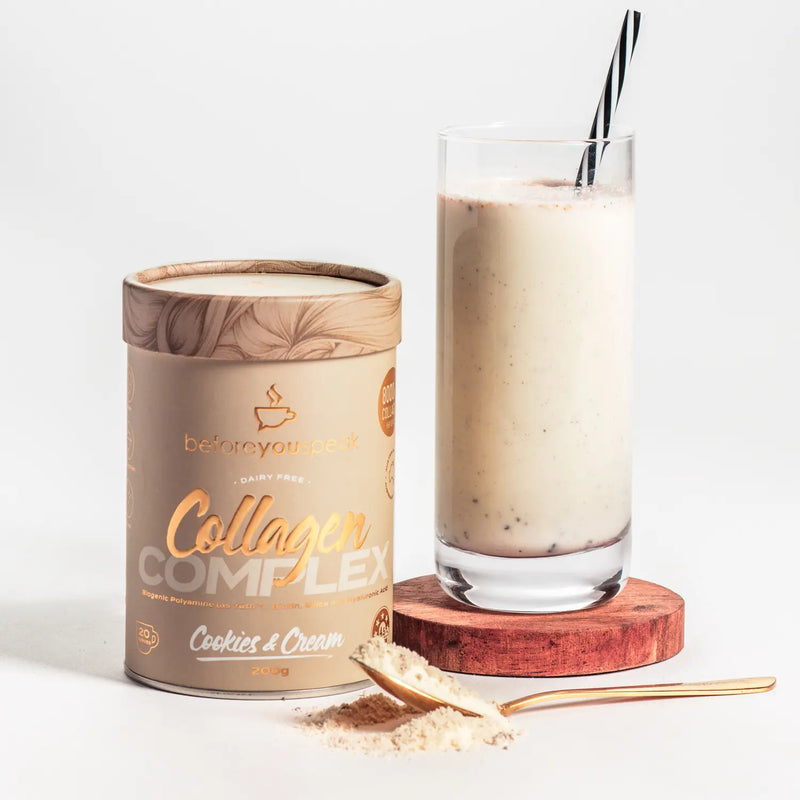 Collagen Complex Cookies and Cream beside a prepared drink