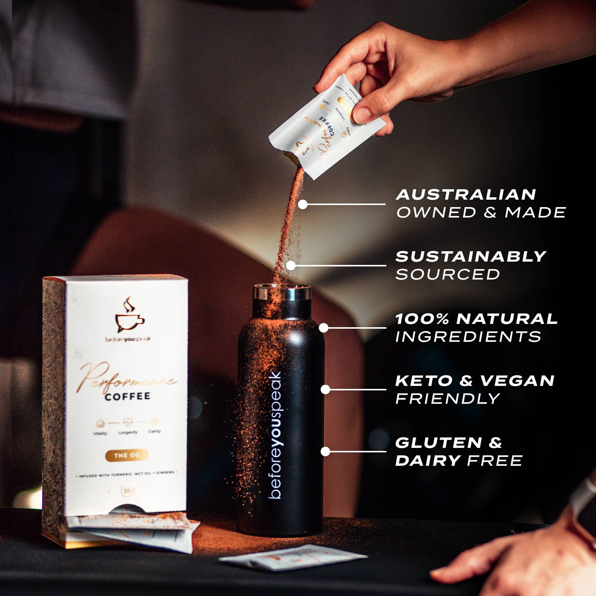 A sachet of our Performance Coffee beside The OG box