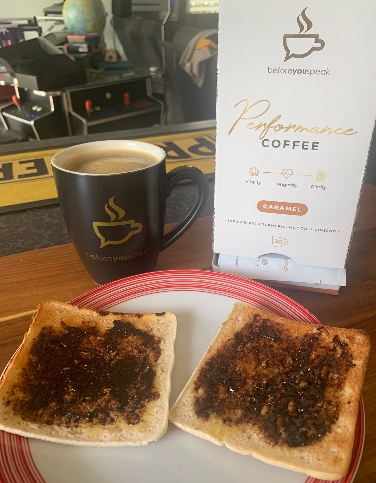Caramel Performance Coffee, a prepared cup and toast at breakfast