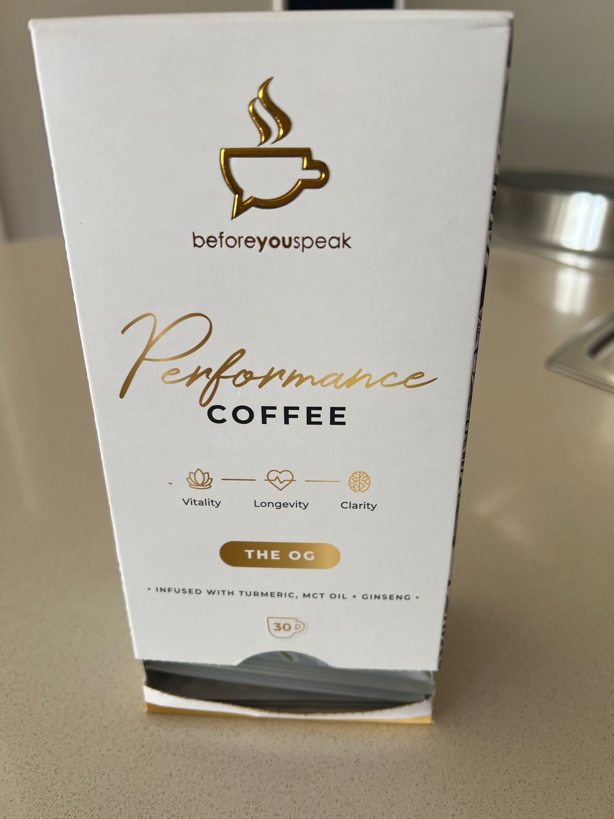 A customer photo of a 30-serve Performance Coffee The OG box