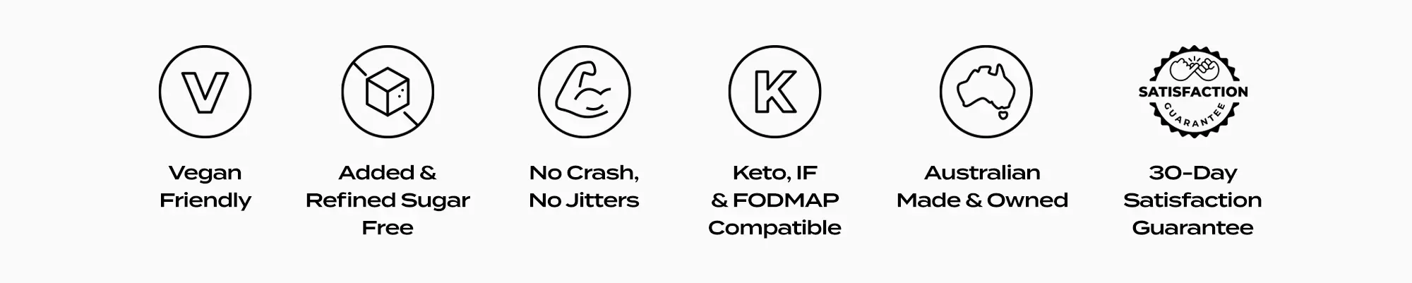Vegan friendly; added and refined sugar free; no crash, no jitters; keto, IF and FODMAP compatible; Australian made and owned; 30-day satisfaction guarantee