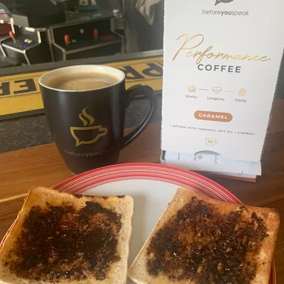 Customer-uploaded breakfast with toast, black coffee and Performance Coffee Caramel