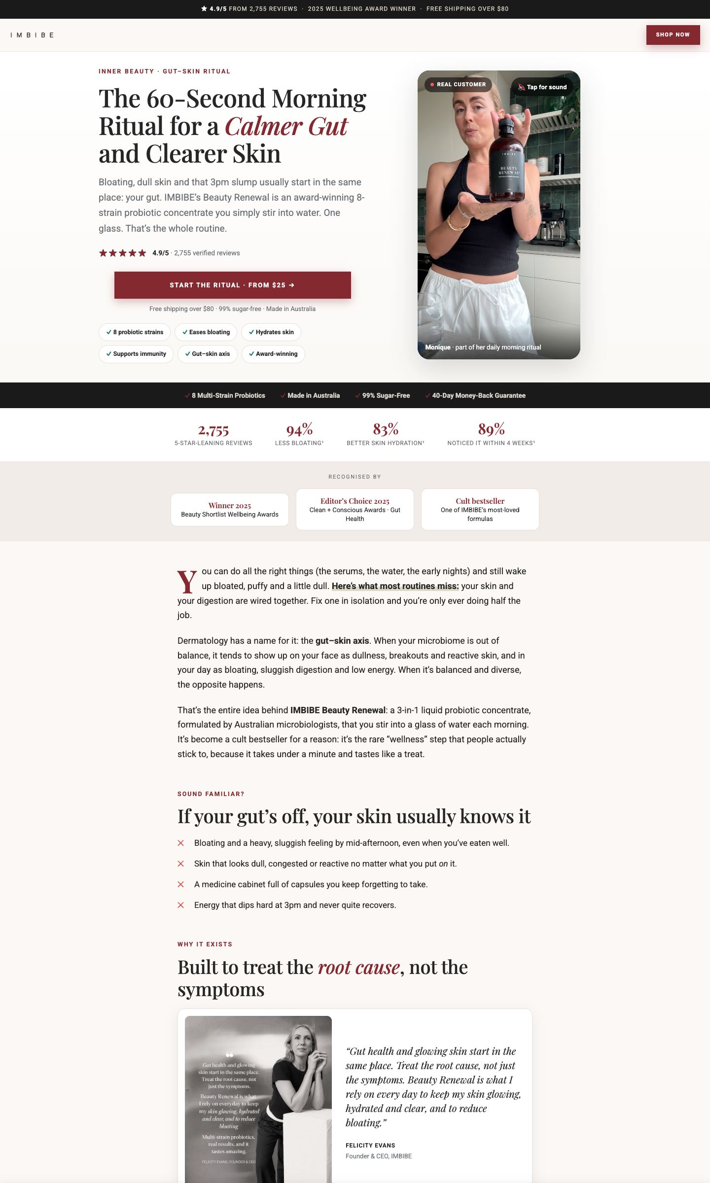 Desktop view of the IMBIBE Beauty Renewal landing page