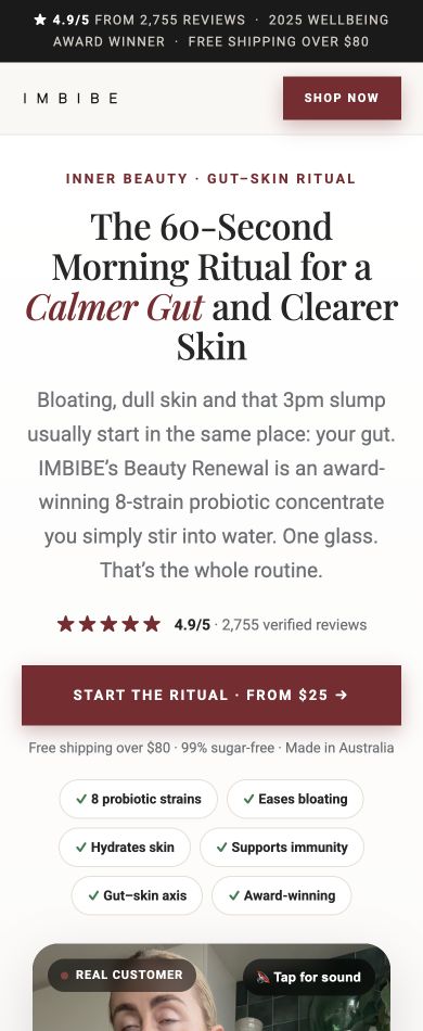Mobile view of the IMBIBE Beauty Renewal landing page