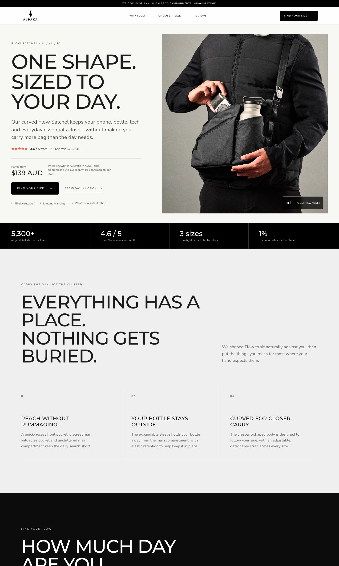 Desktop view of the ALPAKA Flow Satchel landing page