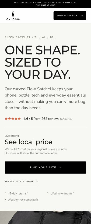 Mobile view of the ALPAKA Flow Satchel landing page