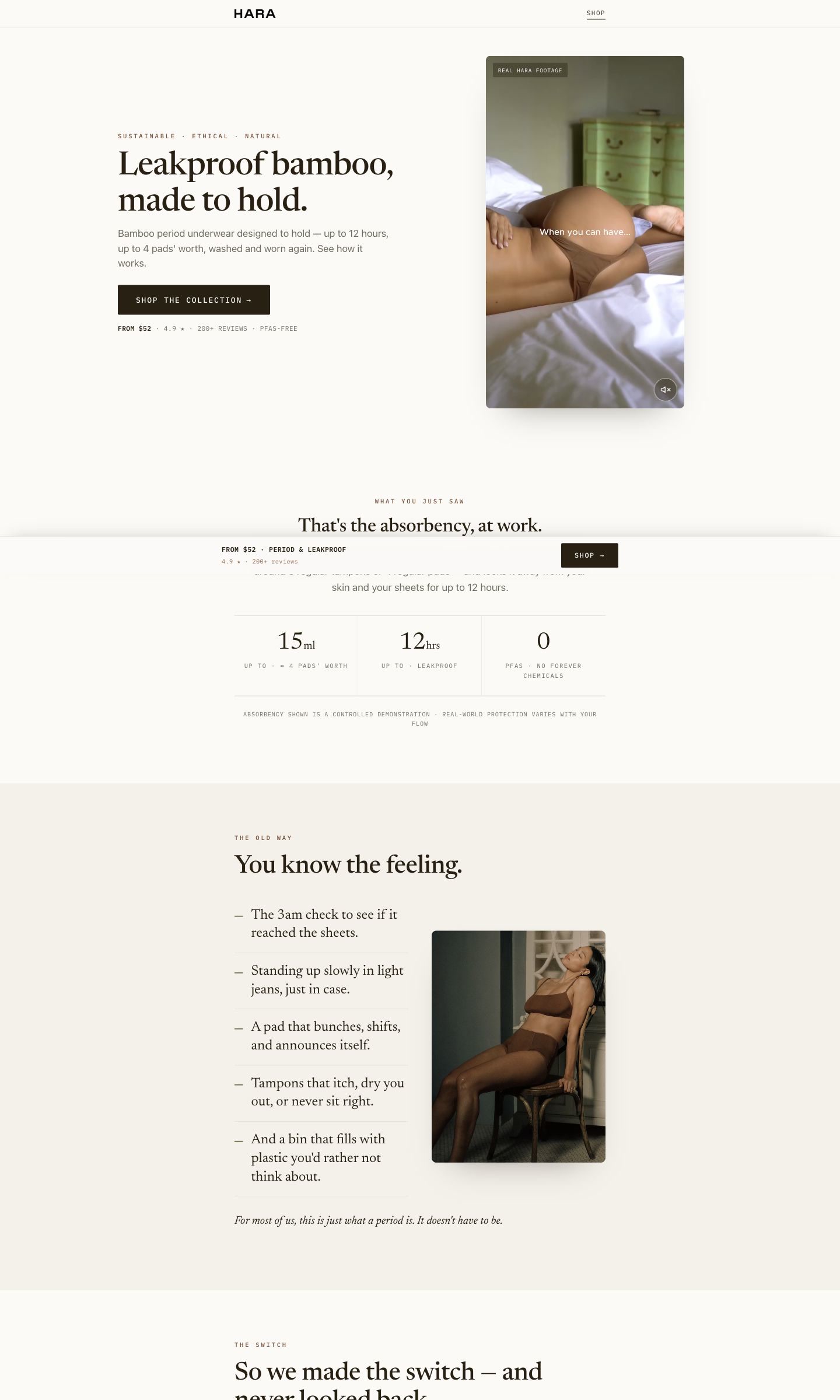 Desktop view of the HARA leakproof bamboo landing page