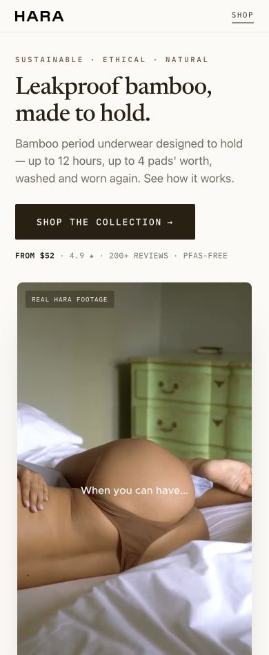 Mobile view of the HARA leakproof collection landing page