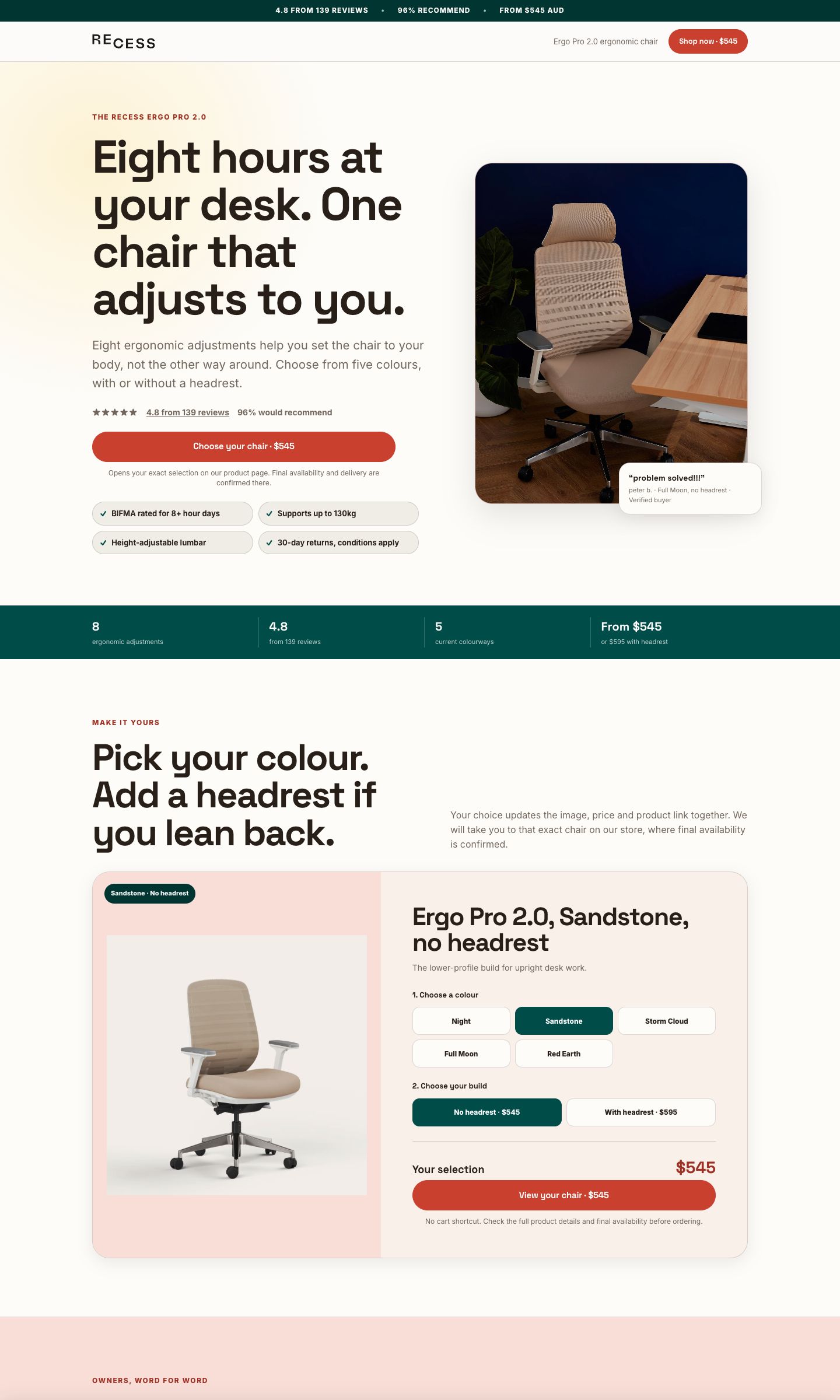 Desktop view of the Recess Ergo Pro chair landing page