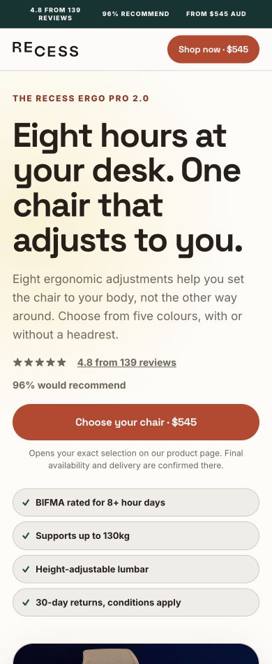 Mobile view of the Recess Ergo Pro chair landing page