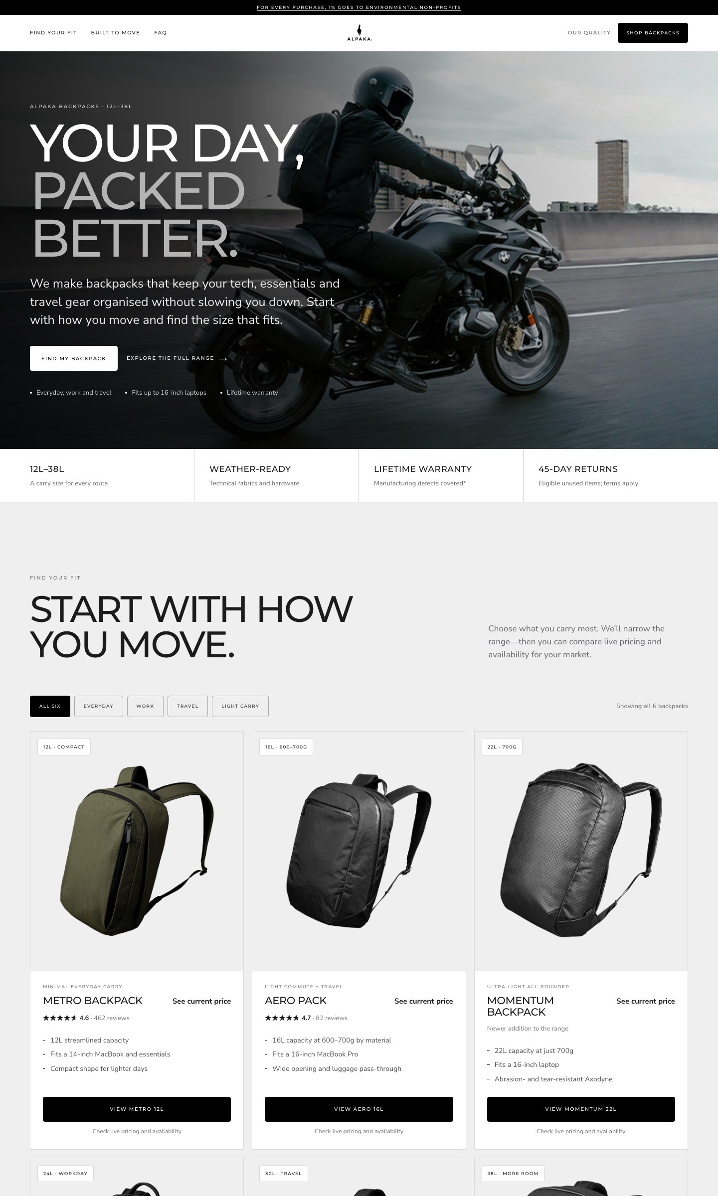 Desktop view of the ALPAKA Backpacks landing page