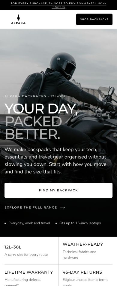 Mobile view of the ALPAKA Backpacks landing page
