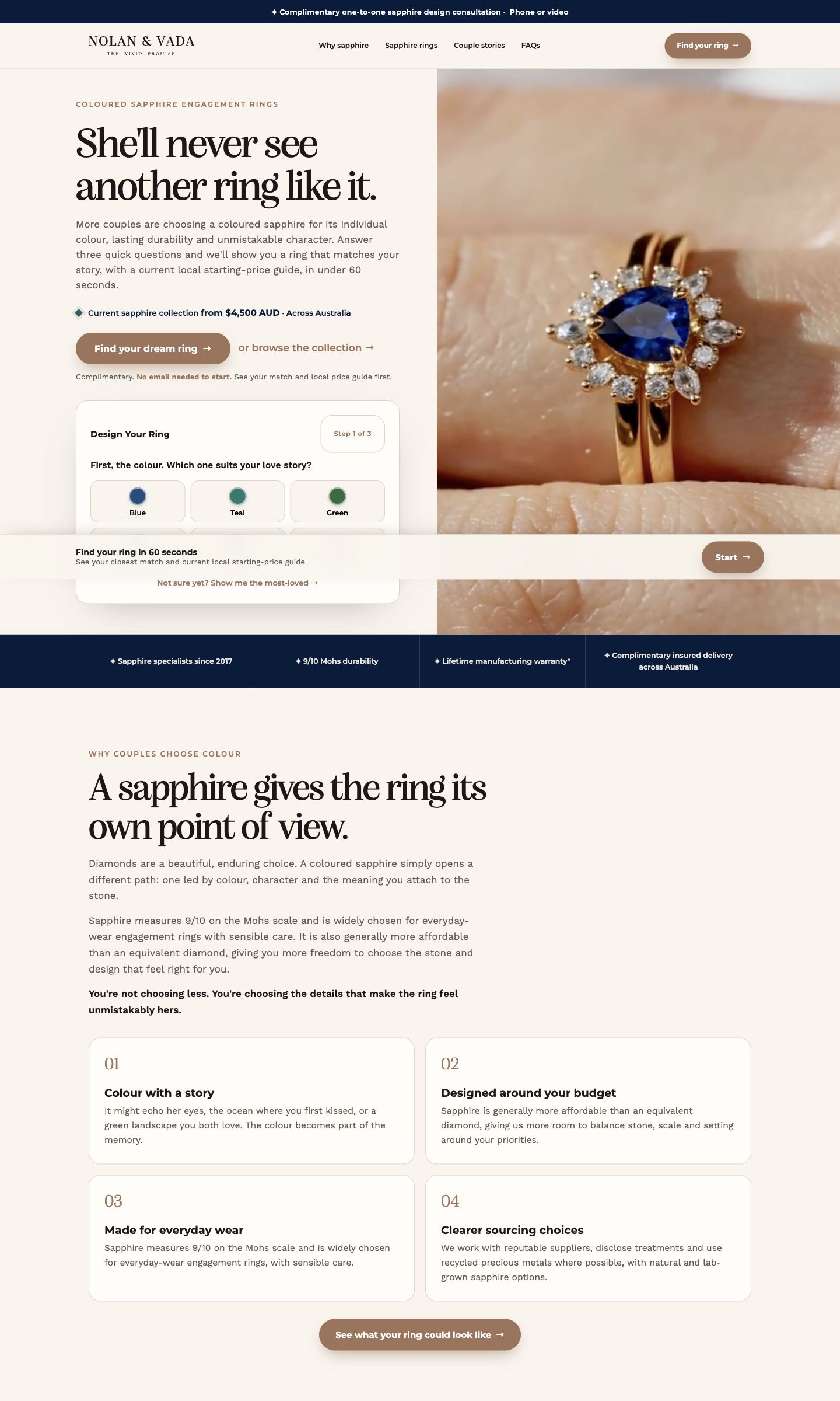 Desktop view of the Nolan and Vada coloured sapphire landing page