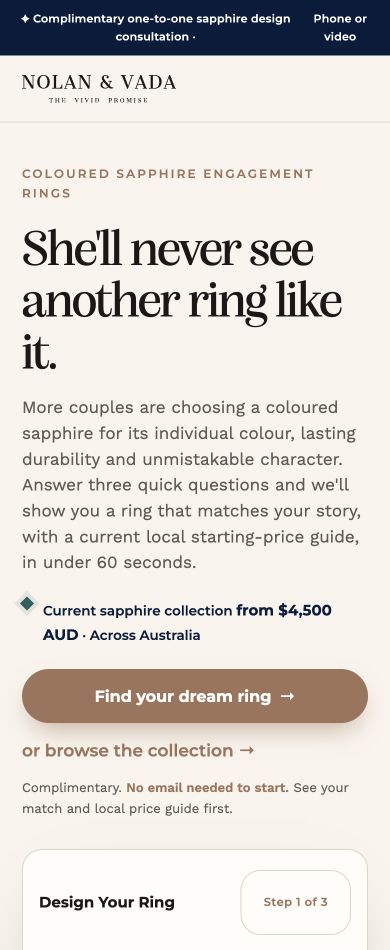 Mobile view of the Nolan and Vada coloured sapphire landing page