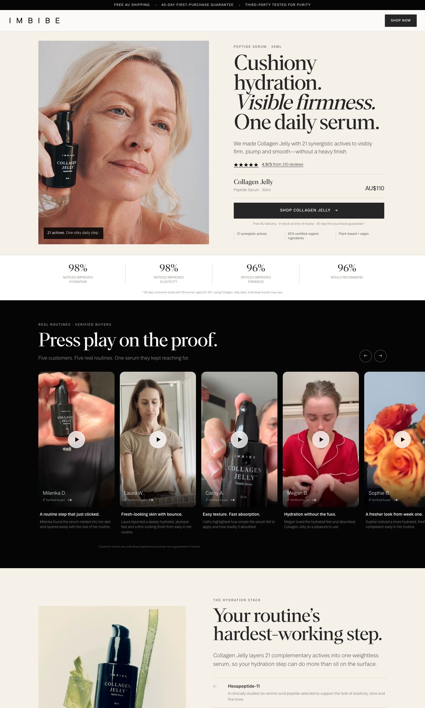 Desktop view of the IMBIBE Collagen Jelly landing page