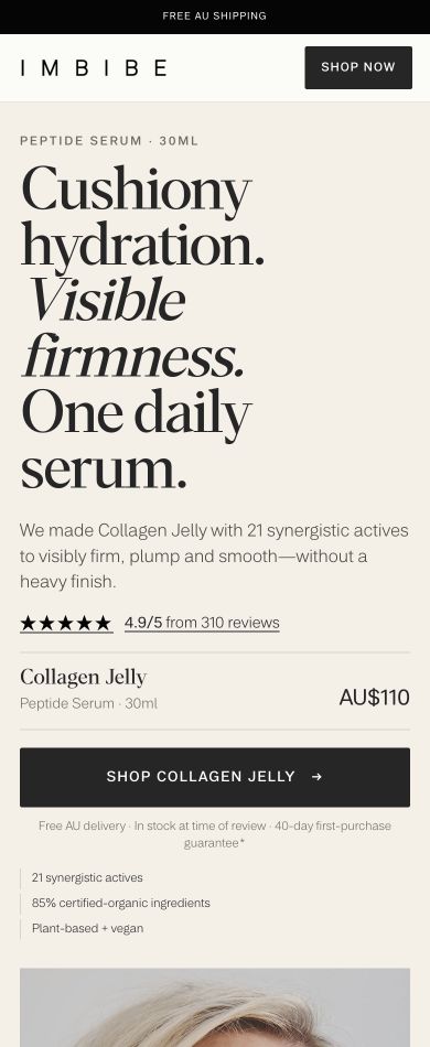 Mobile view of the IMBIBE Collagen Jelly landing page