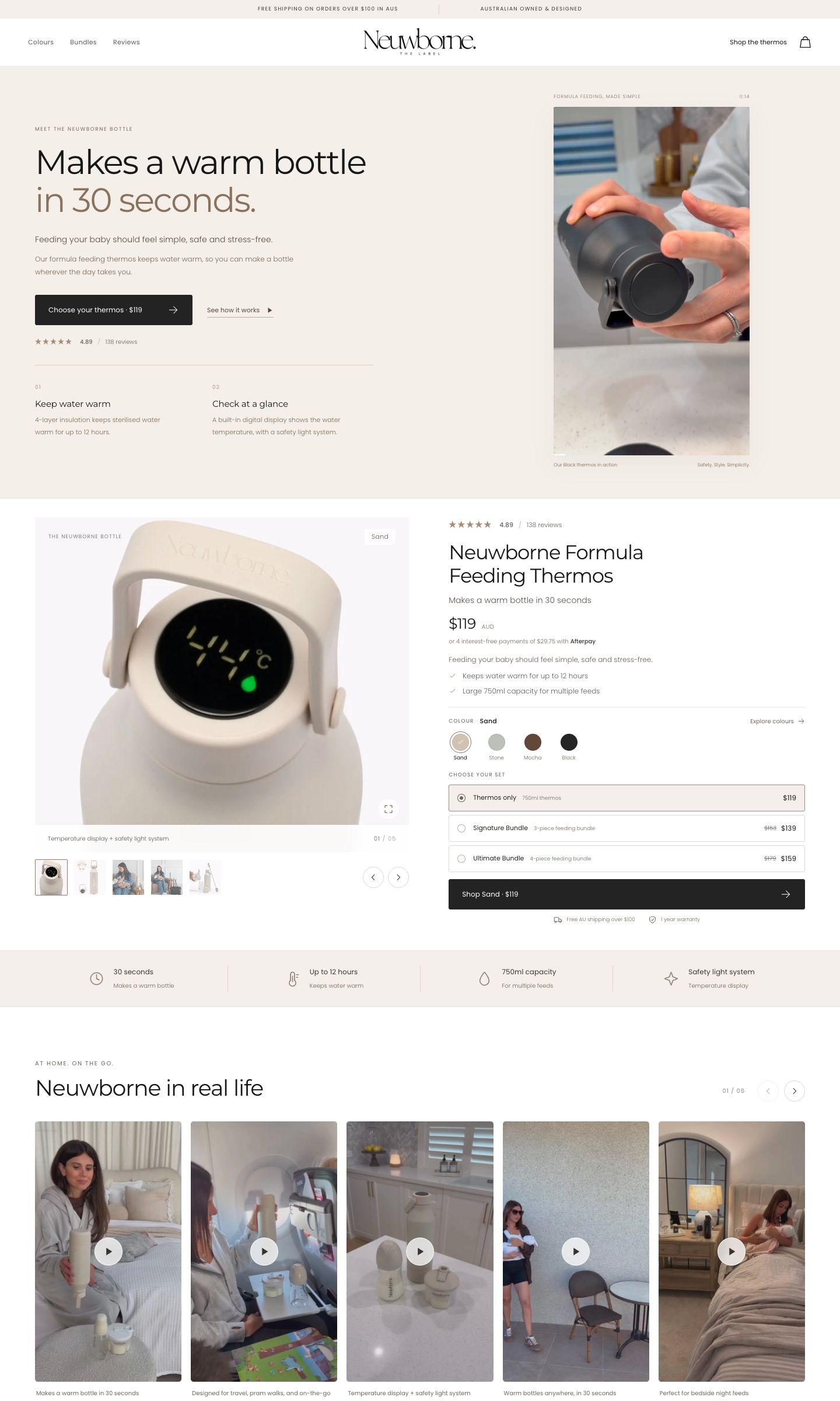 Desktop view of the Neuwborne Formula Feeding Thermos landing page