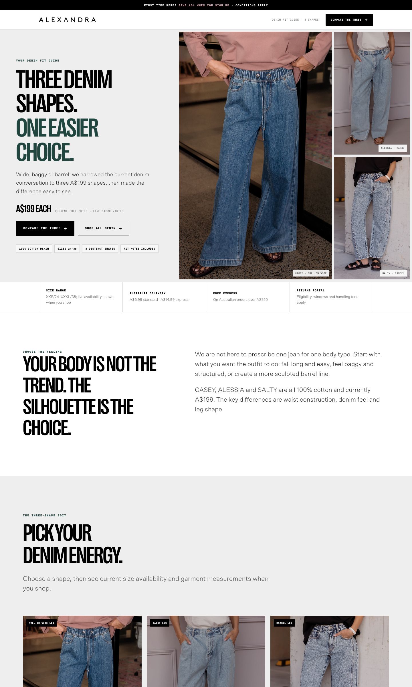 Desktop view of the Alexandra denim fit guide landing page