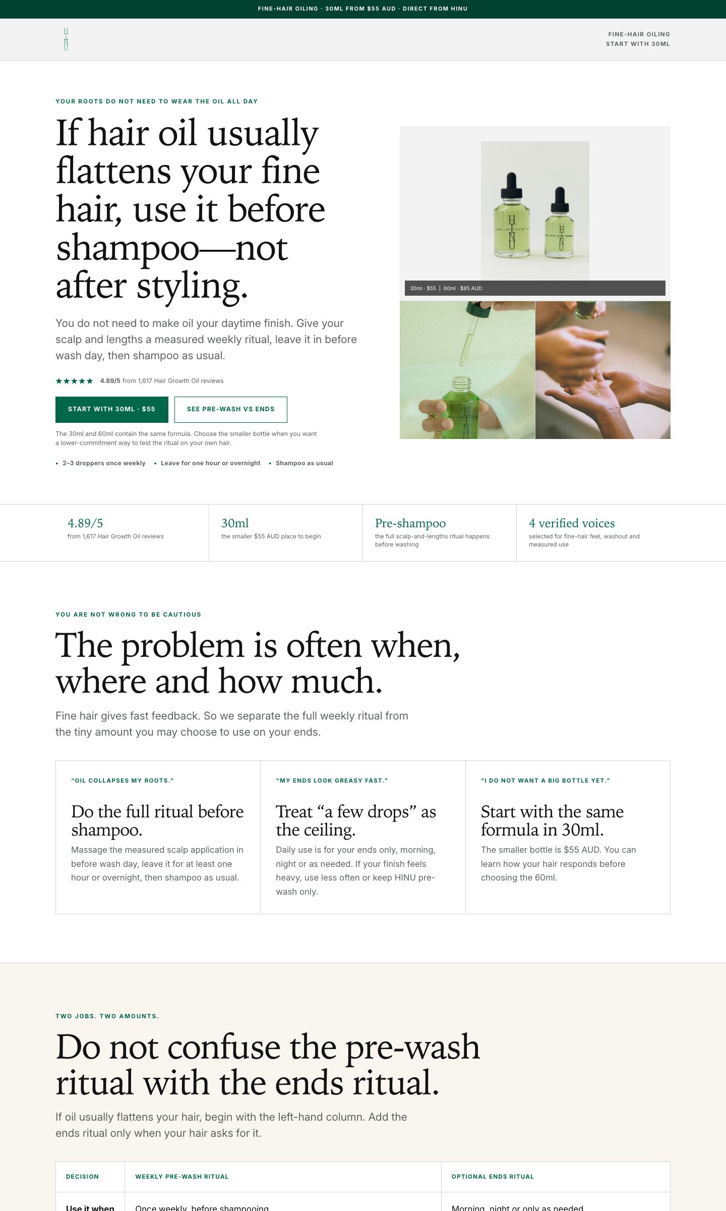 Desktop view of the HINU fine hair oiling landing page