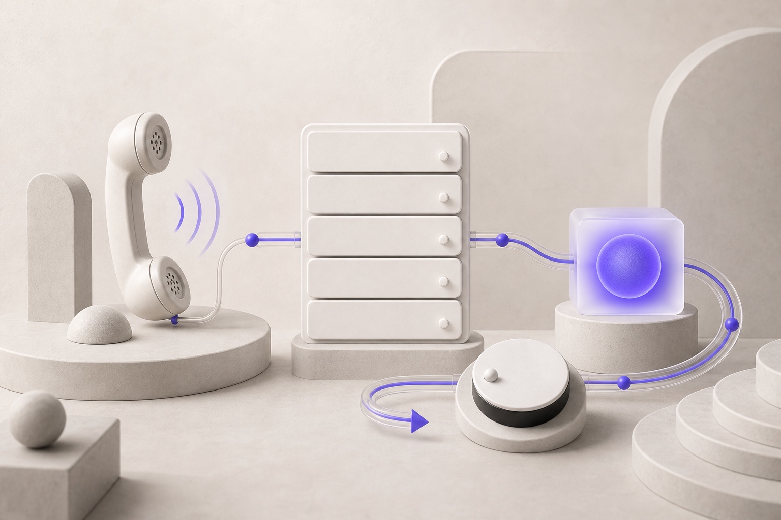 A white phone receiver connects to a stack of CRM records, a violet value signal and a control dial in one closed feedback loop.