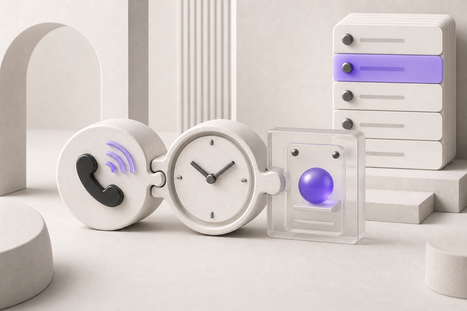 A phone token, clock and violet customer-value record interlock in front of a neat CRM record stack.
