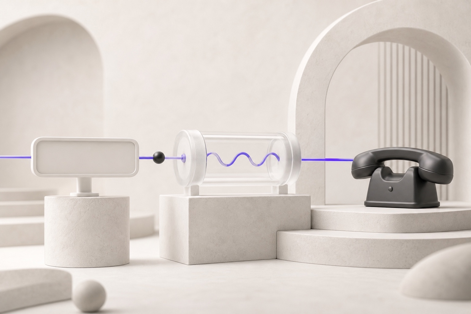 A blank phone-number plaque routes a violet call signal through a transparent tracking cylinder to a business telephone.