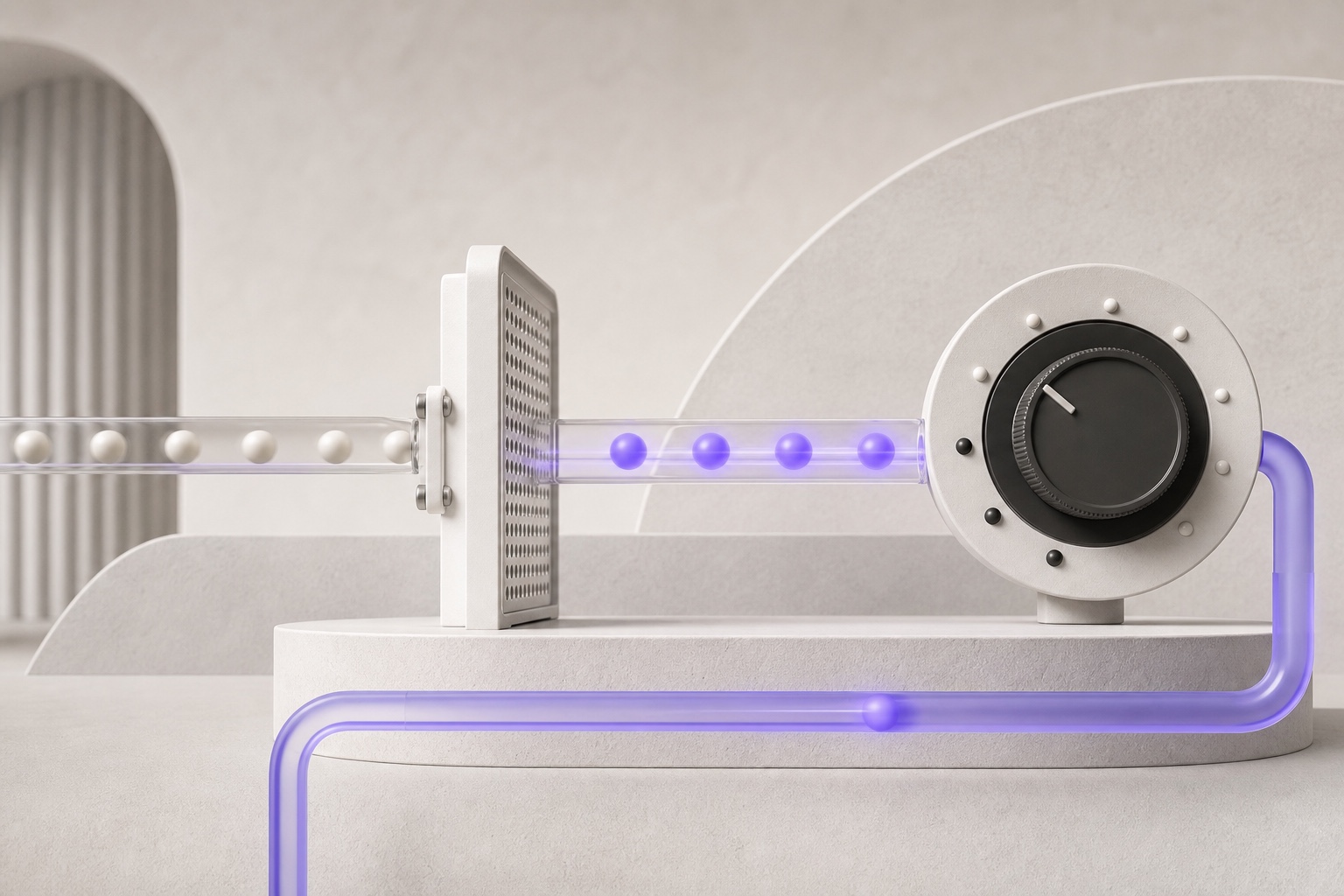 Neutral call tokens pass through a validation gate, with only violet paid-customer tokens reaching a bidding control dial and returning through a feedback loop.
