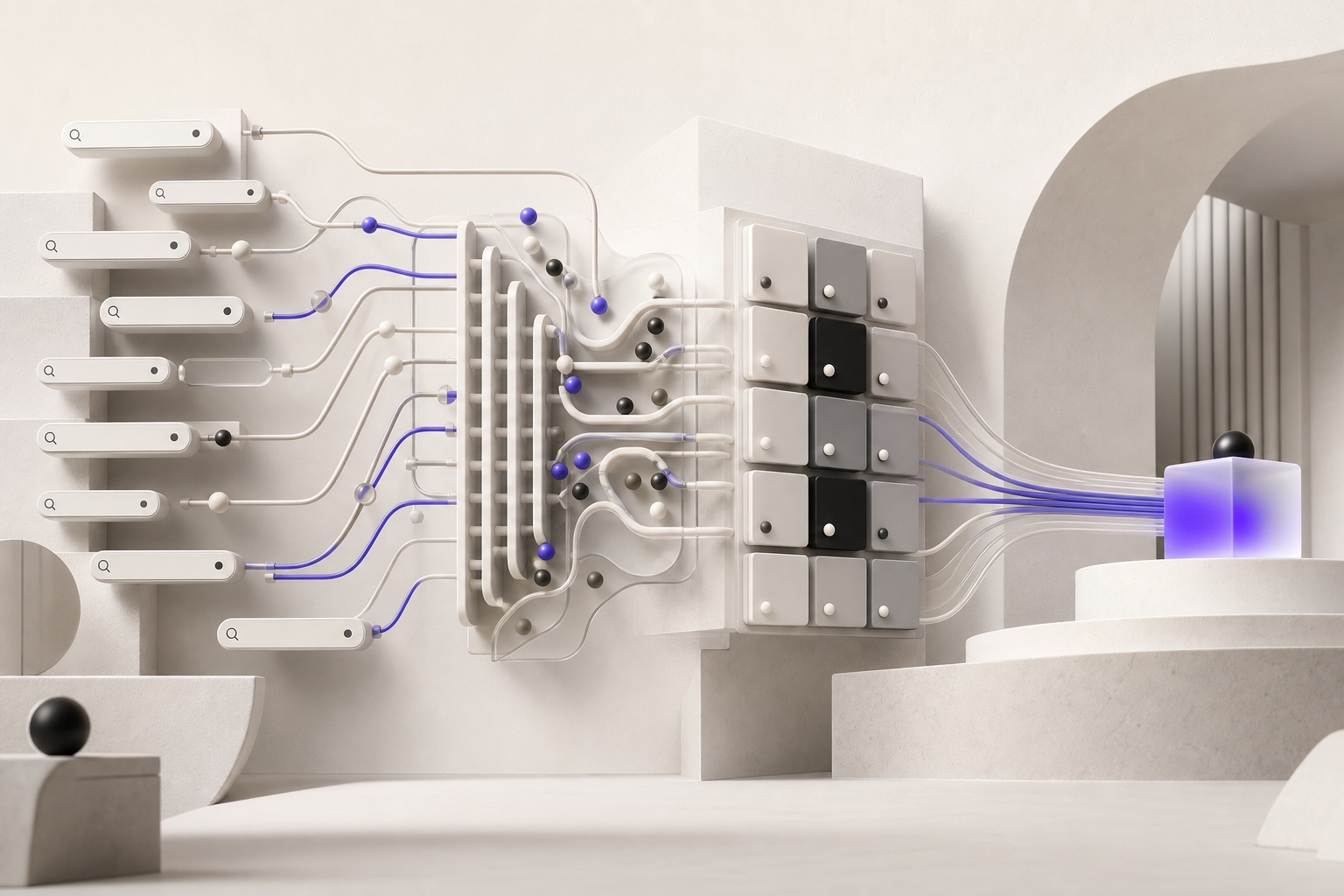 Tactile white-and-violet illustration of search-shaped capsules feeding through branching tubes and tiles into one highlighted outcome.