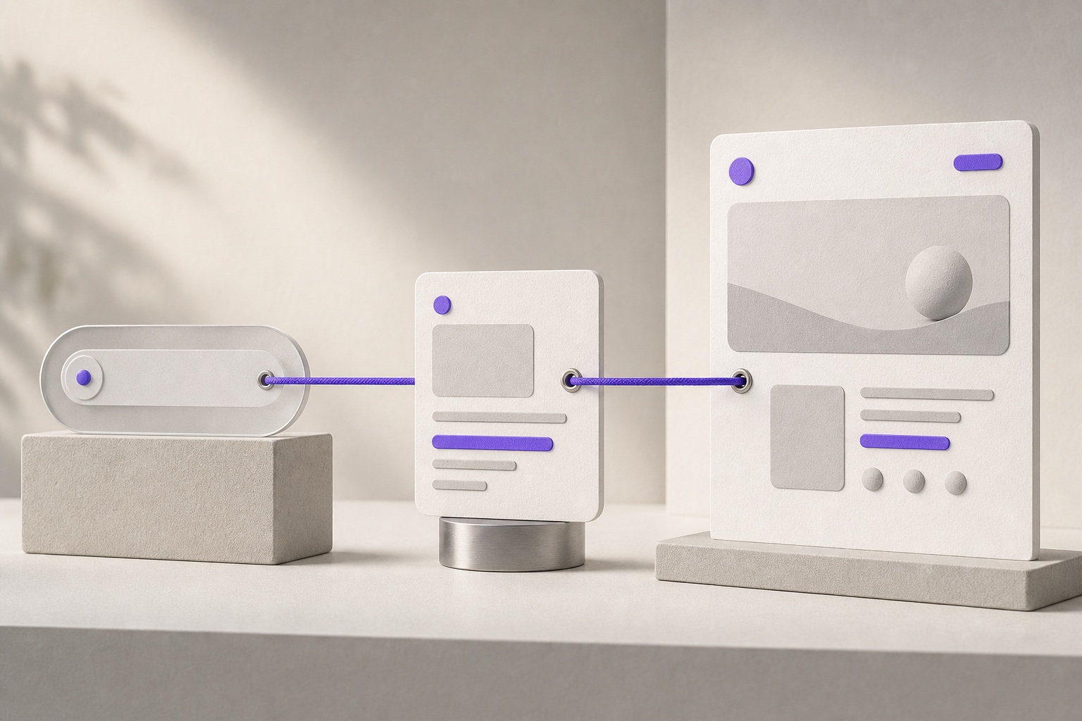 Three white interface-like panels connected in sequence by a single violet cord.
