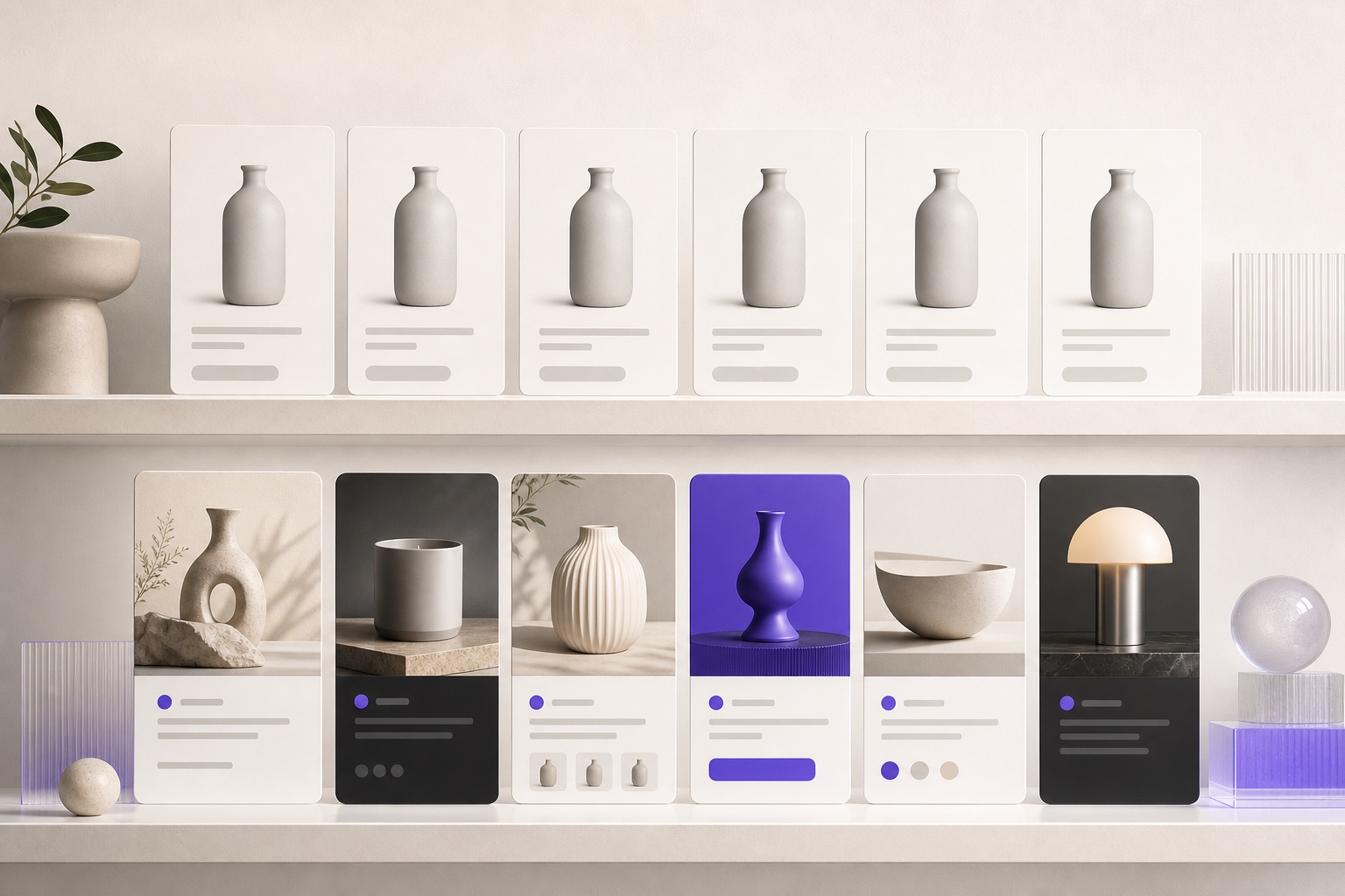 Two rows of ecommerce-style product cards: identical white bottles above and distinct art-directed objects below.