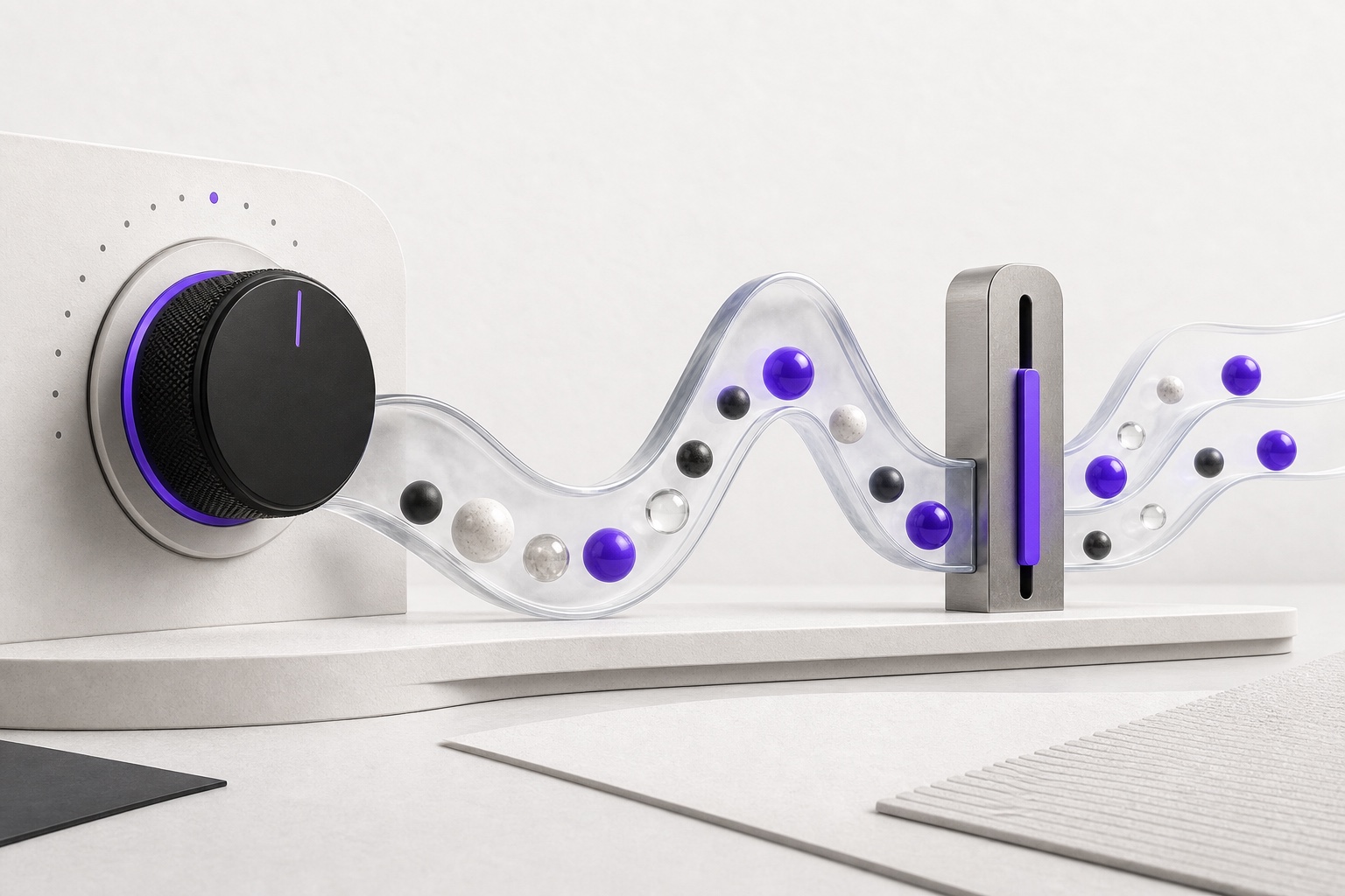 A black control dial sends white, black and violet spheres through a clear wave channel and an adjustable gate.