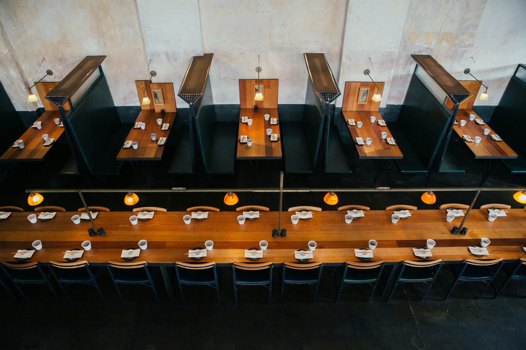 The main dining area set for service