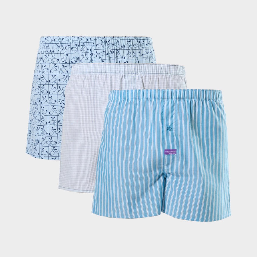 Three blue Mitch Dowd woven cotton boxer shorts