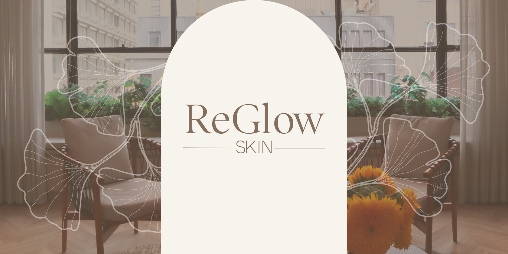 Our clinic interior and ReGlow Skin wordmark